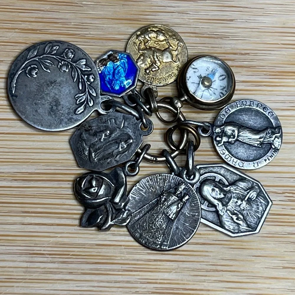 Antique French Religious Medals with Darling, Tiny Compass - Extraordinary Gift!